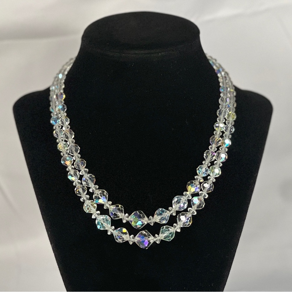 Elegant Vintage Aurora Borealis Double Strand Crystal Bead Necklace